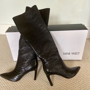 Nine West Black Crocodile Leather Knee High Boots